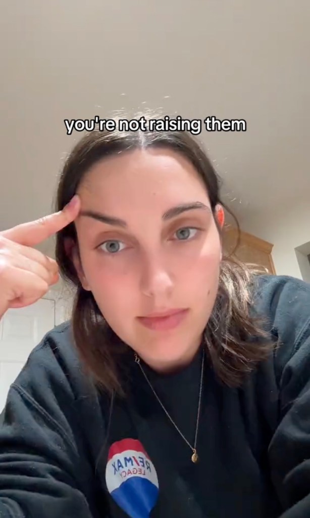 TikTok user Veronica Friedman expressing her disagreement with the narrative that sending children to daycare means not raising them